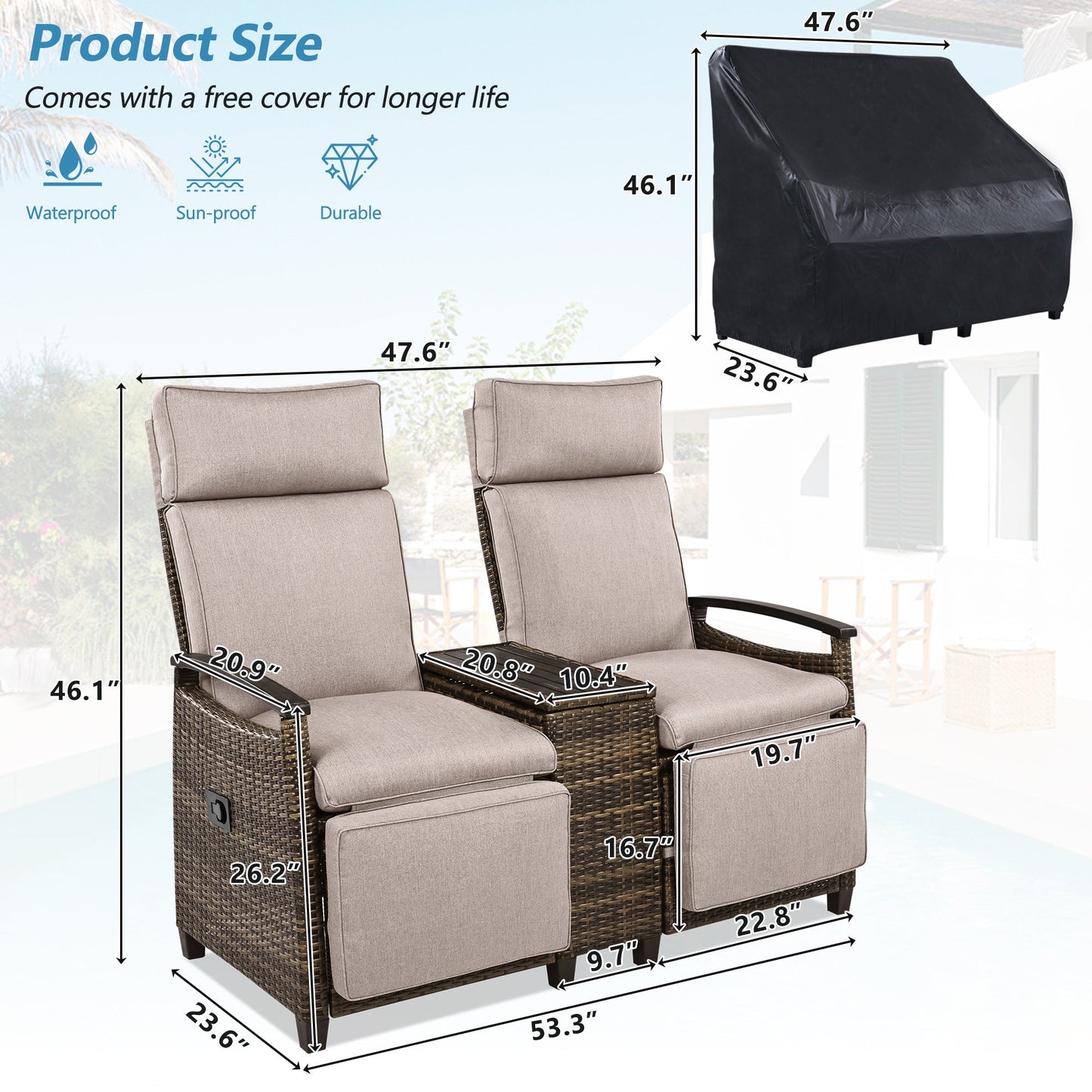 Patio Recliner Loveseat Chair, Adjustable Backrest Wicker Outdoor