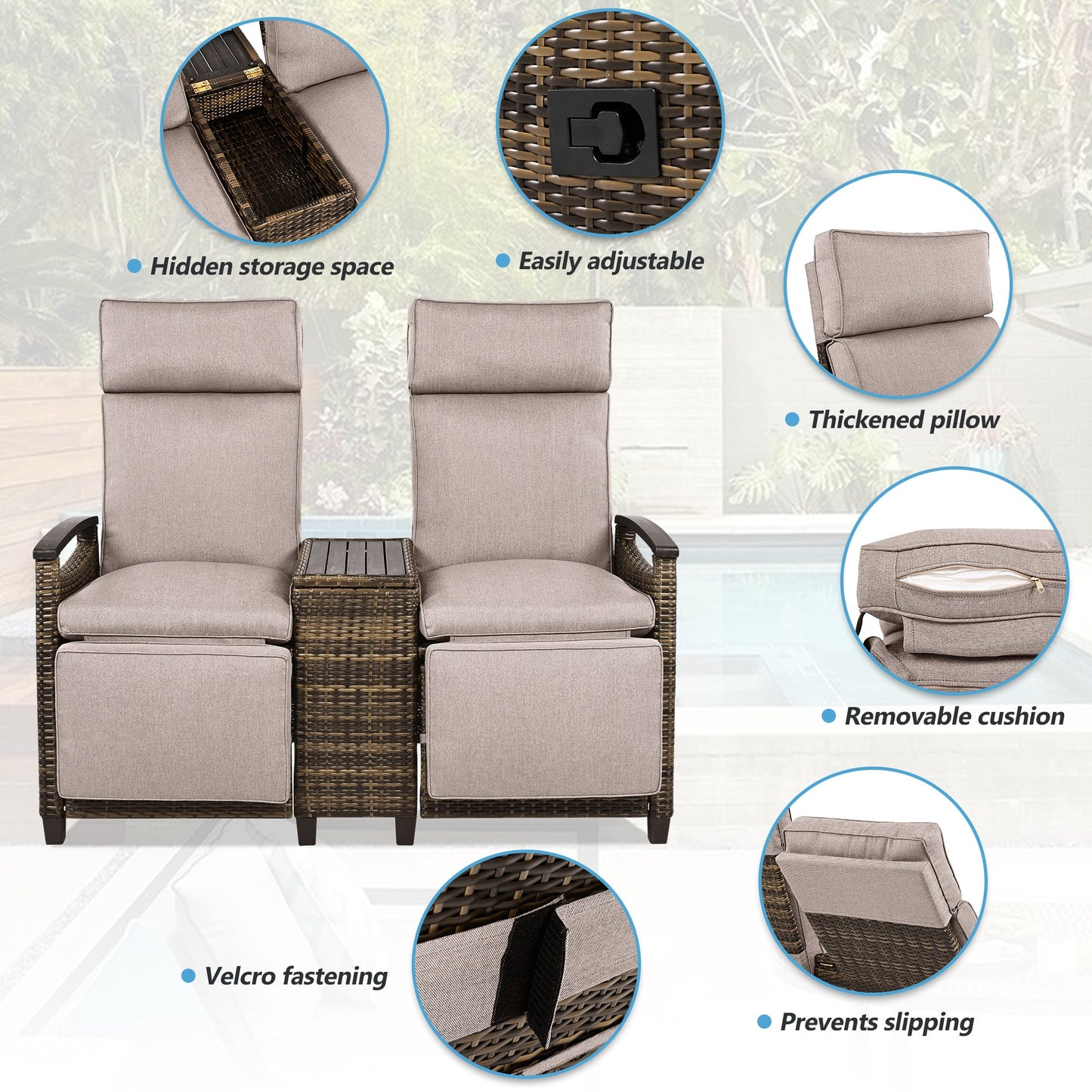 Patio Recliner Loveseat Chair, Adjustable Backrest Wicker Outdoor