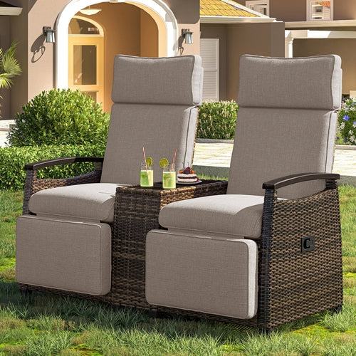 Patio Recliner Loveseat Chair, Adjustable Backrest Wicker Outdoor