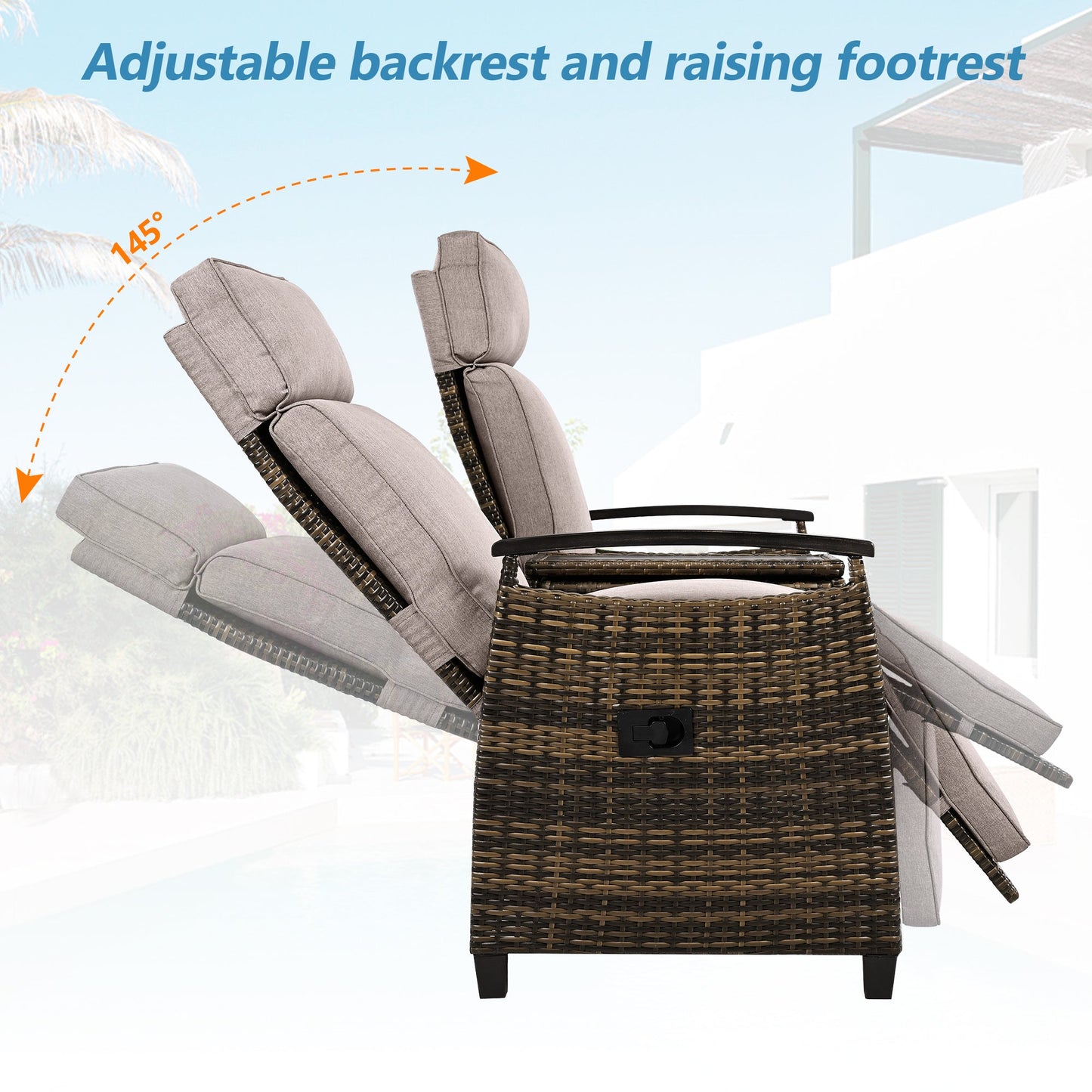 Patio Recliner Loveseat Chair, Adjustable Backrest Wicker Outdoor
