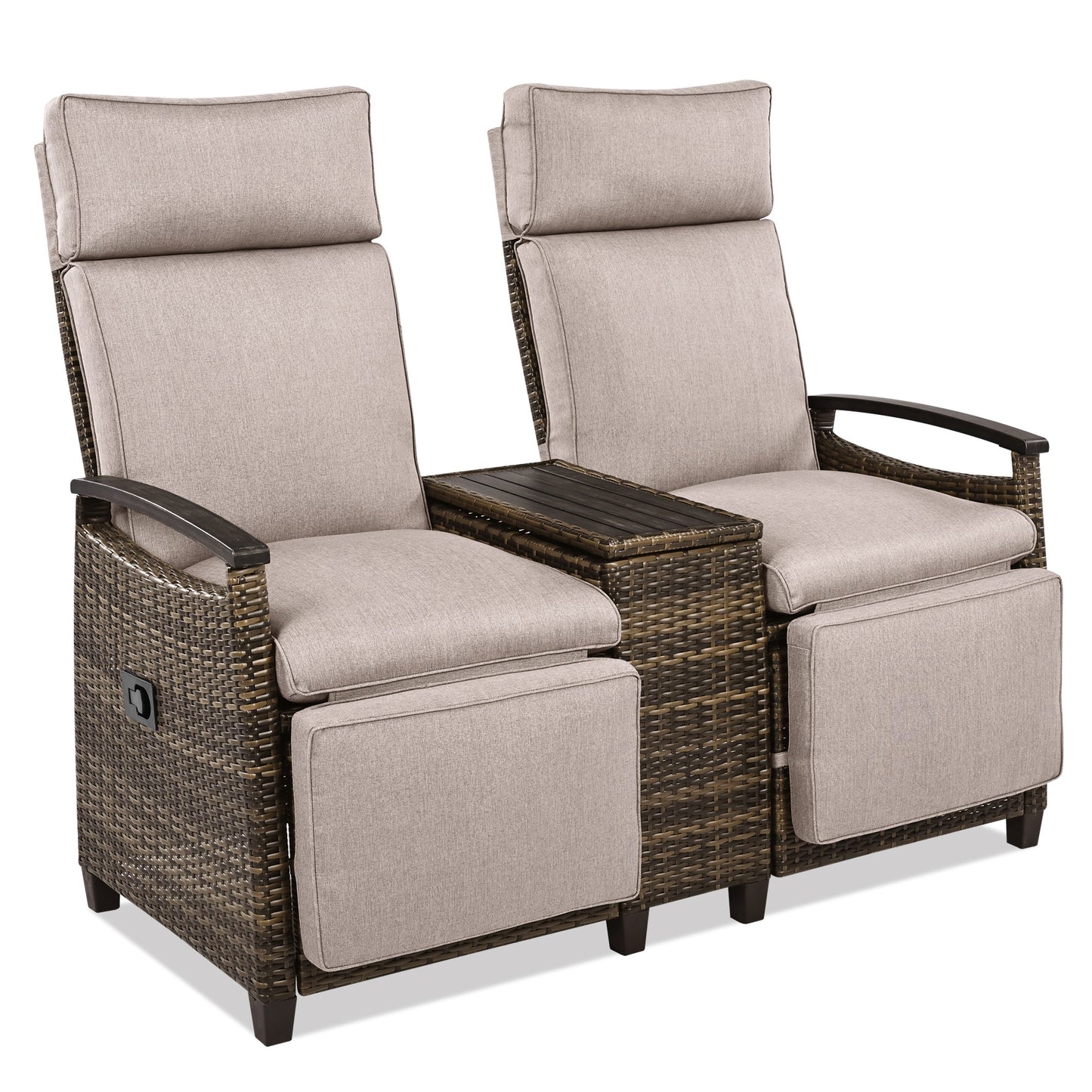 Patio Recliner Loveseat Chair, Adjustable Backrest Wicker Outdoor
