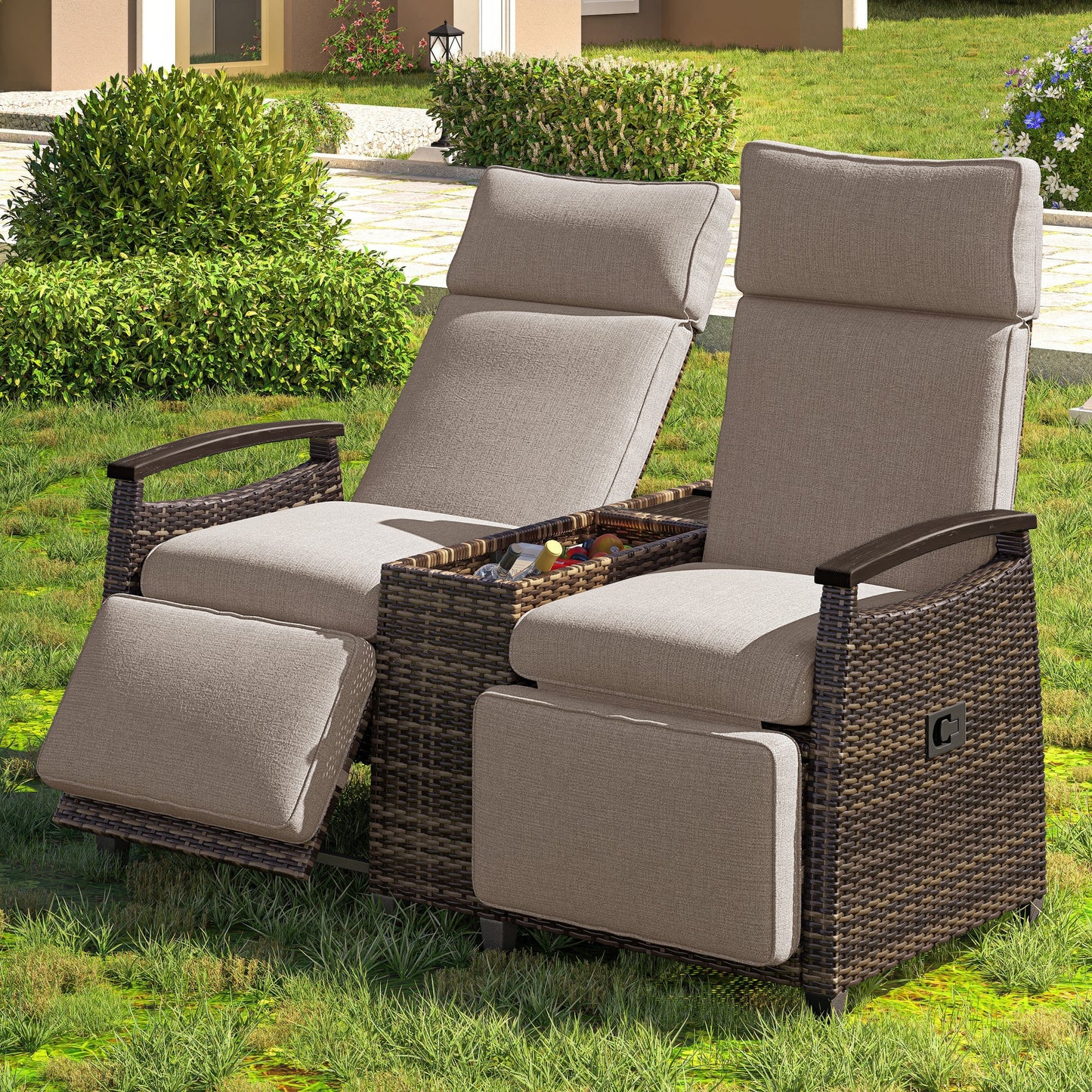 Patio Recliner Loveseat Chair, Adjustable Backrest Wicker Outdoor